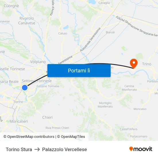 Torino Stura to Palazzolo Vercellese map