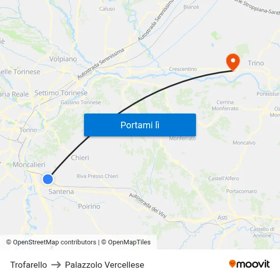 Trofarello to Palazzolo Vercellese map