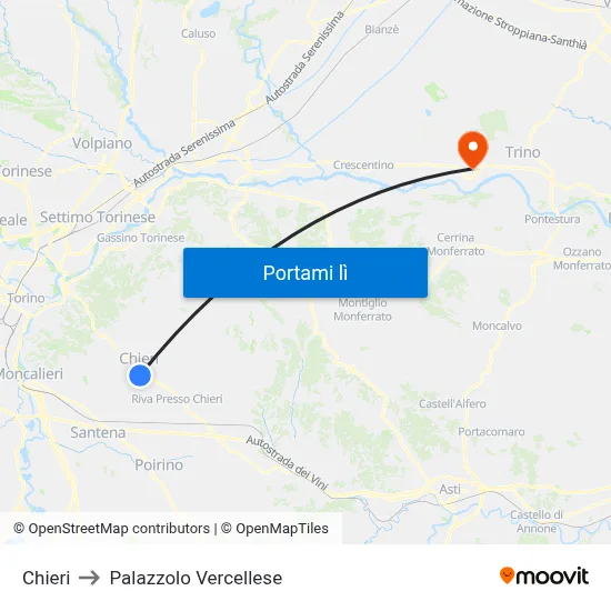 Chieri to Palazzolo Vercellese map