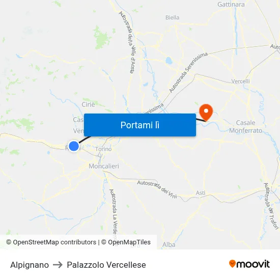 Alpignano to Palazzolo Vercellese map