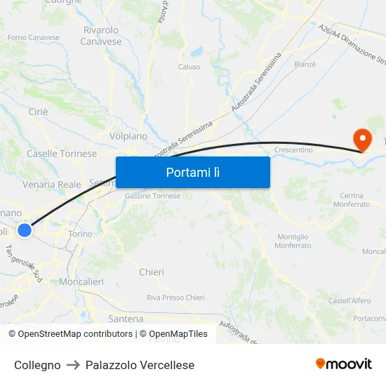 Collegno to Palazzolo Vercellese map