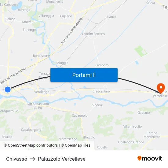 Chivasso to Palazzolo Vercellese map