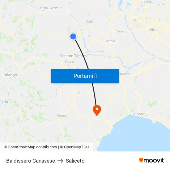 Baldissero Canavese to Saliceto map