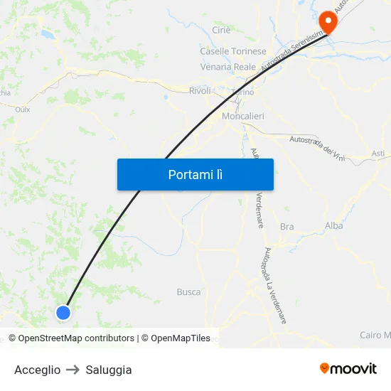 Acceglio to Saluggia map