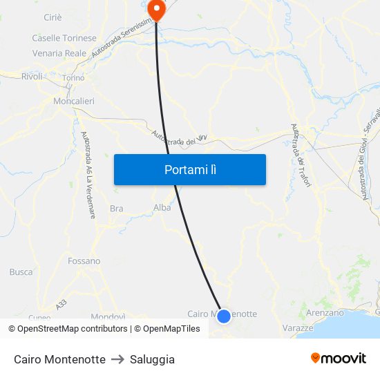 Cairo Montenotte to Saluggia map