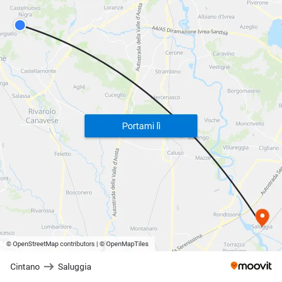Cintano to Saluggia map