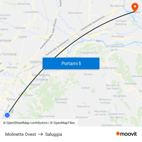 Molinette Ovest to Saluggia map