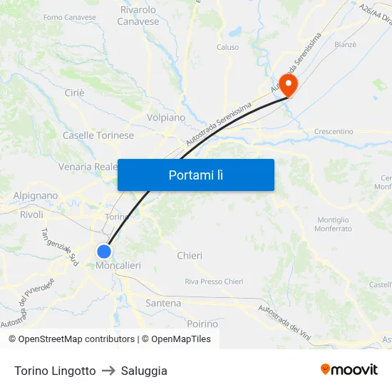 Torino Lingotto to Saluggia map