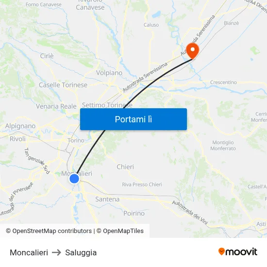 Moncalieri to Saluggia map