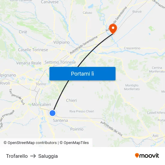 Trofarello to Saluggia map