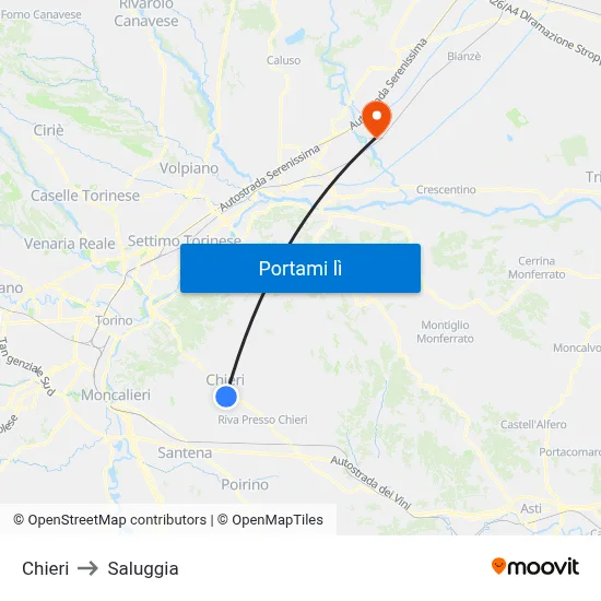 Chieri to Saluggia map