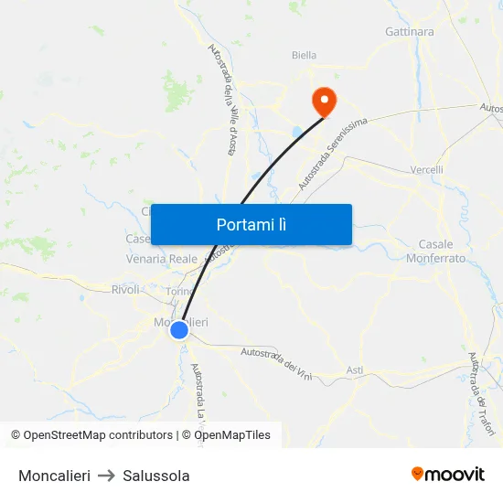 Moncalieri to Salussola map