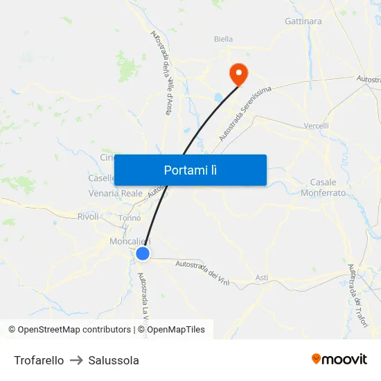 Trofarello to Salussola map