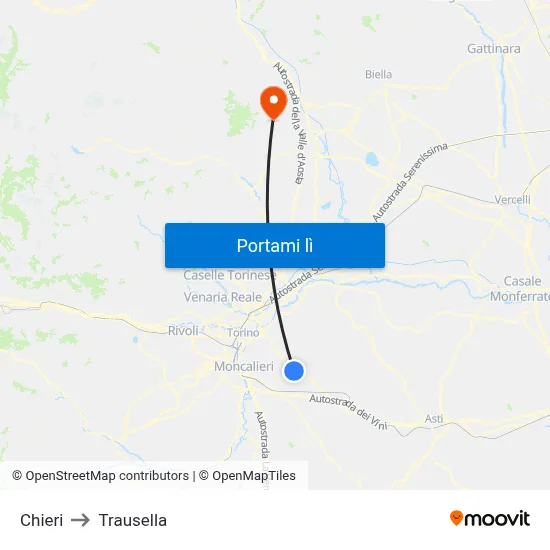 Chieri to Trausella map