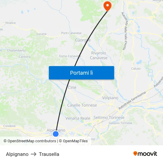 Alpignano to Trausella map