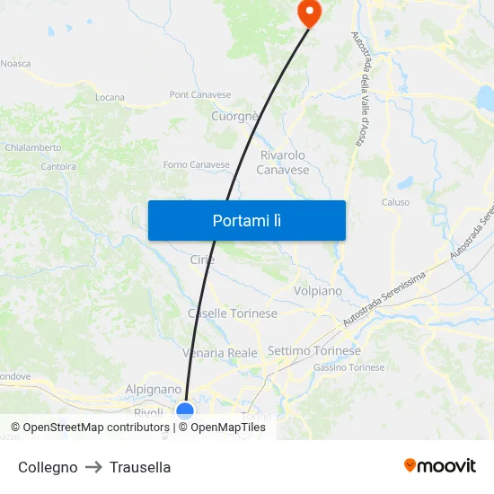 Collegno to Trausella map