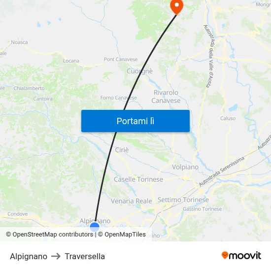 Alpignano to Traversella map