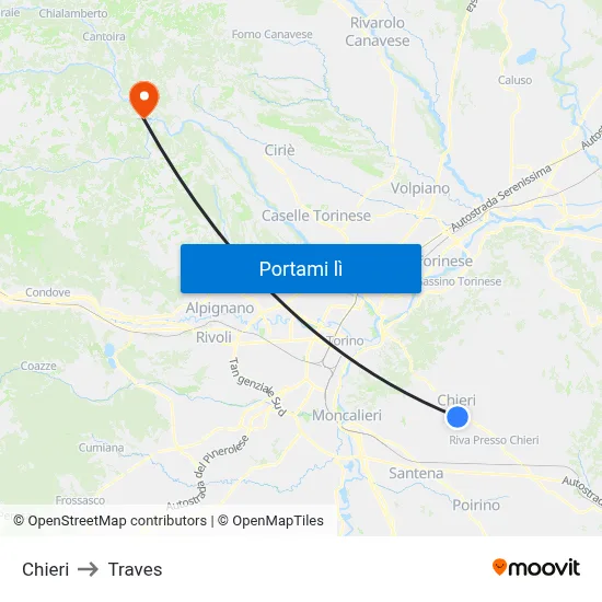 Chieri to Traves map