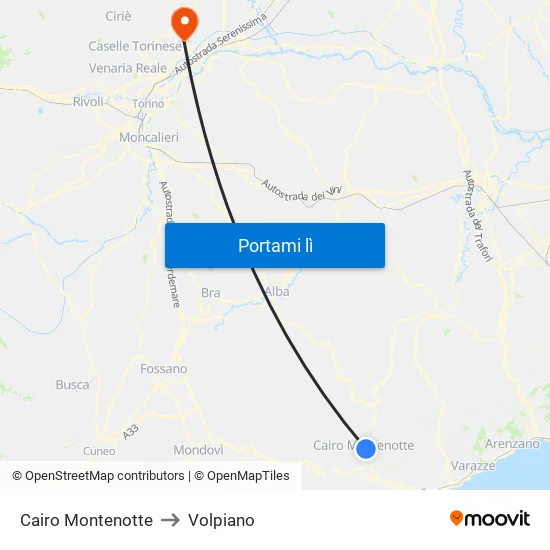 Cairo Montenotte to Volpiano map