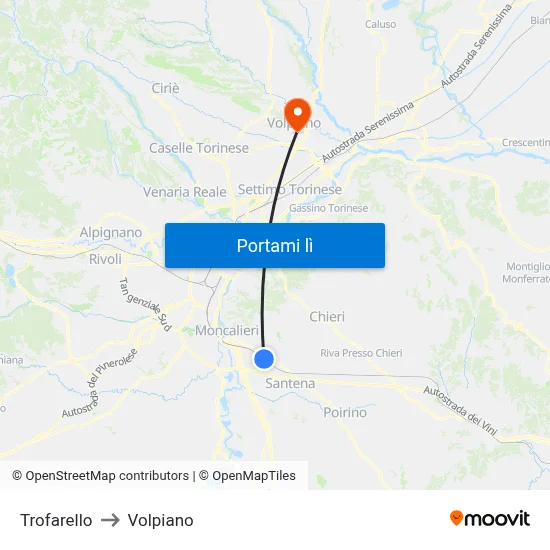 Trofarello to Volpiano map