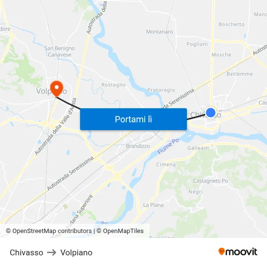 Chivasso to Volpiano map