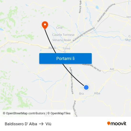 Baldissero D' Alba to Viù map