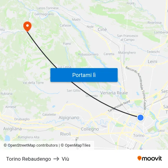 Torino Rebaudengo to Viù map