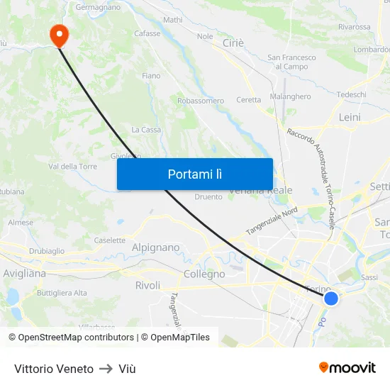 Vittorio Veneto to Viù map