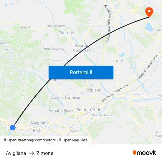 Avigliana to Zimone map