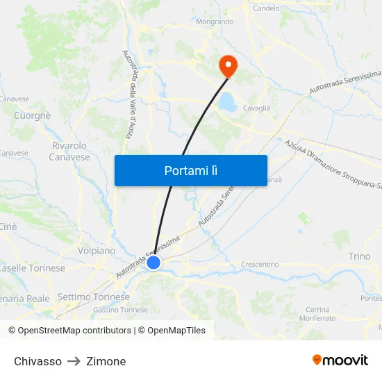 Chivasso to Zimone map