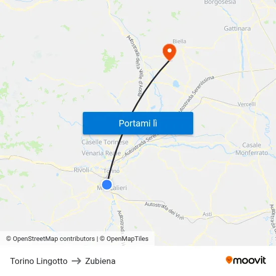 Torino Lingotto to Zubiena map