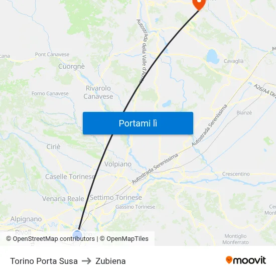 Torino Porta Susa to Zubiena map