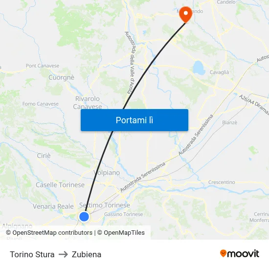 Torino Stura to Zubiena map