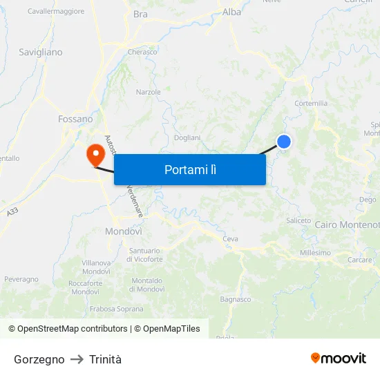 Gorzegno to Trinità map