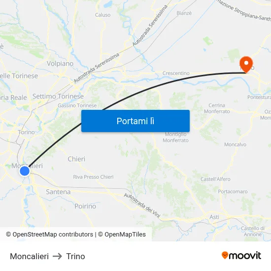 Moncalieri to Trino map