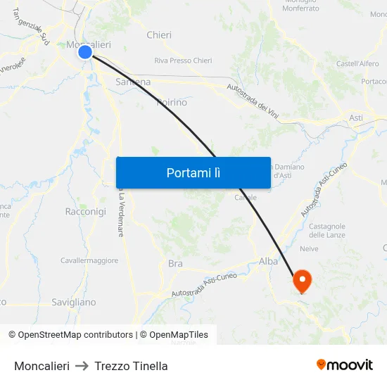 Moncalieri to Trezzo Tinella map