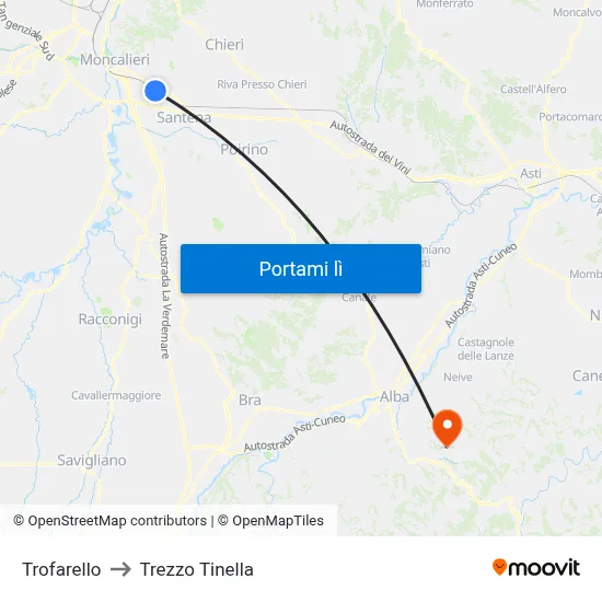 Trofarello to Trezzo Tinella map