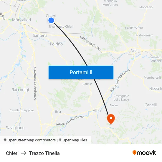 Chieri to Trezzo Tinella map