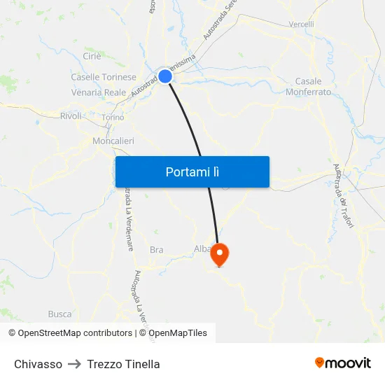 Chivasso to Trezzo Tinella map