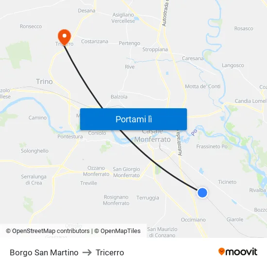 Borgo San Martino to Tricerro map