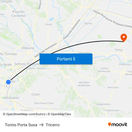 Torino Porta Susa to Tricerro map