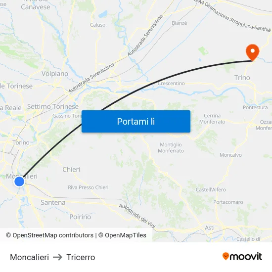 Moncalieri to Tricerro map