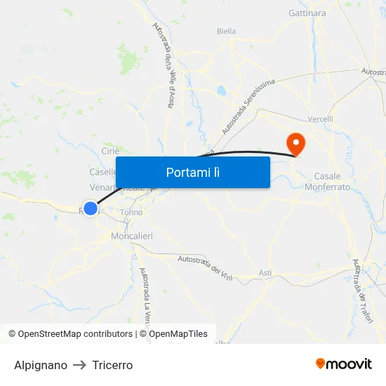 Alpignano to Tricerro map