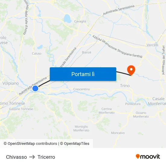 Chivasso to Tricerro map