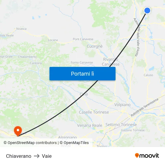 Chiaverano to Vaie map