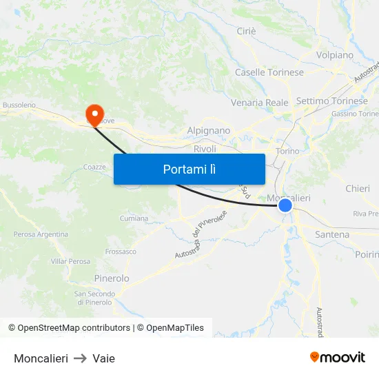 Moncalieri to Vaie map