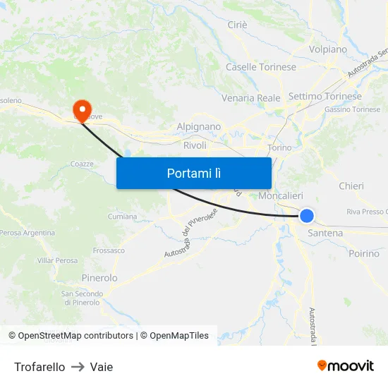 Trofarello to Vaie map