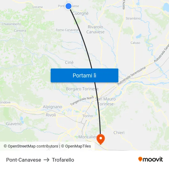 Pont-Canavese to Trofarello map