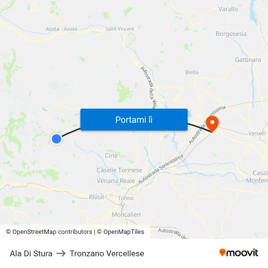 Ala Di Stura to Tronzano Vercellese map