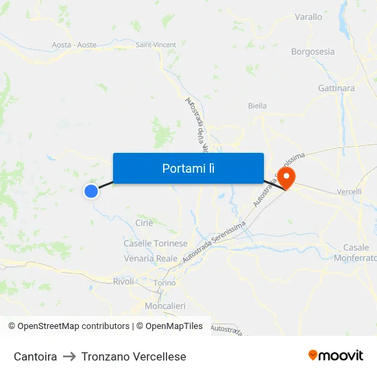 Cantoira to Tronzano Vercellese map